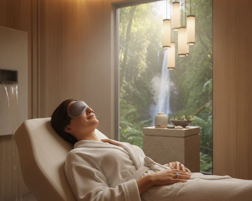 relaxing in a spa setting with an eye mask